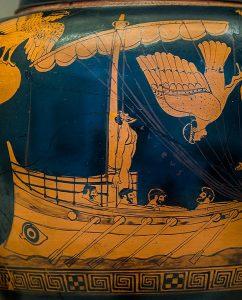 Odysseus, bound onto the mast of his ship, passes the Sirens