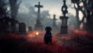 black dog in a cemetery, church grim