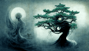 drawing of kodama, forest spirits