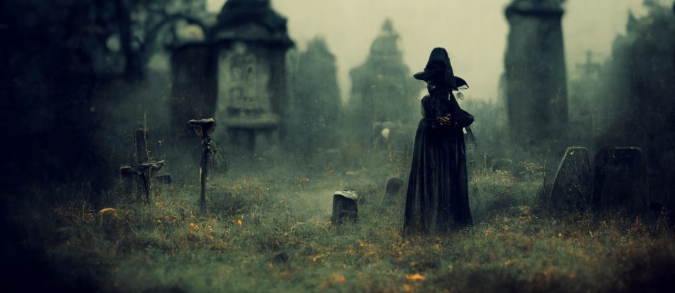 a witch in a cemetery, mysterious