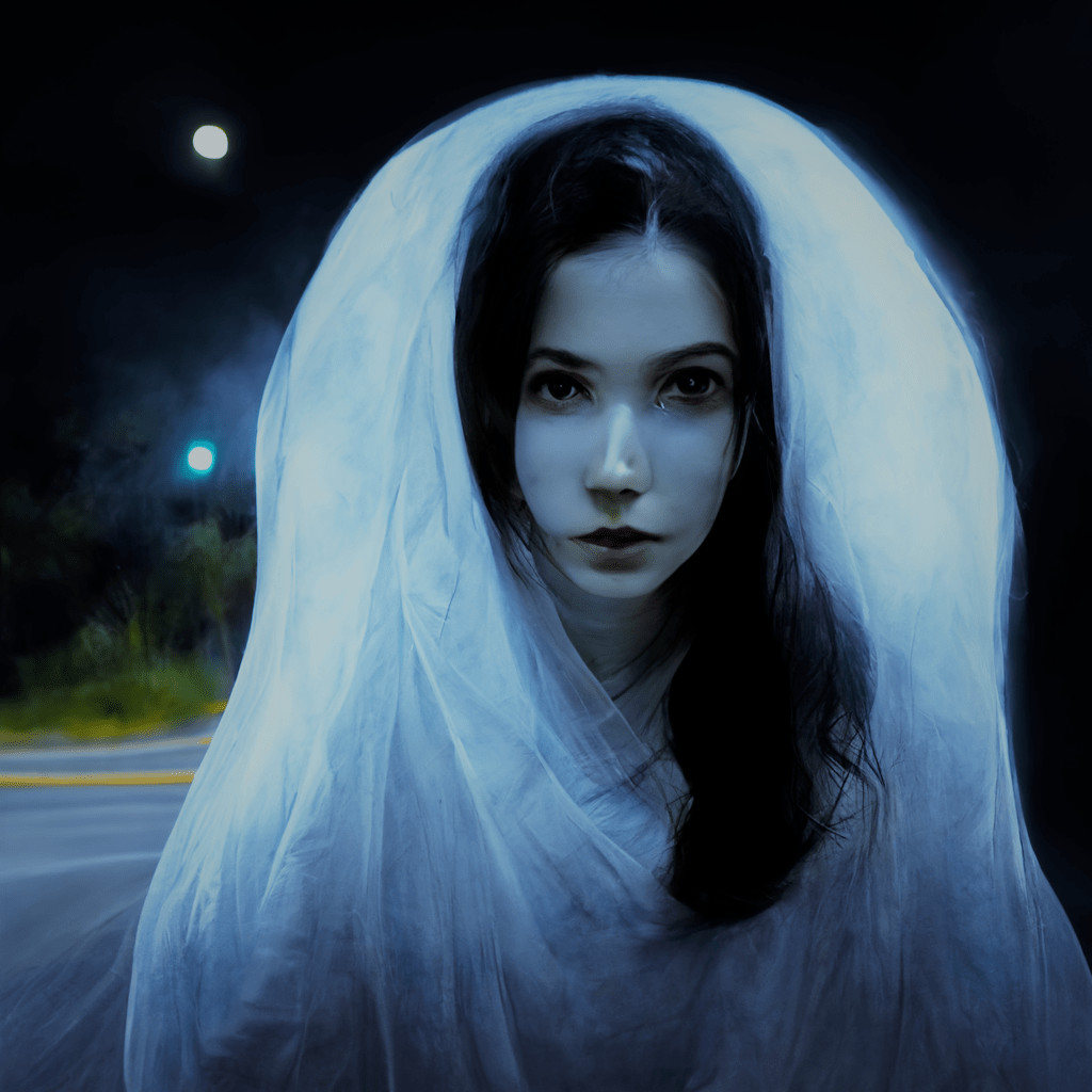 lady in white ghost by roadside