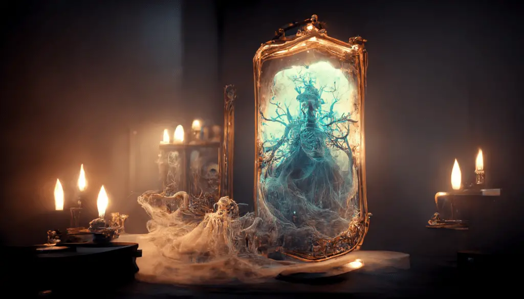 a witch manifesting in a mirror