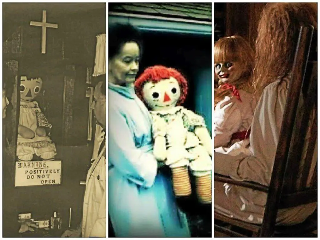 Images of Annabelle the doll, original and movie version