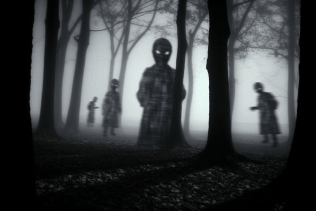 Shadow people in a dark forest