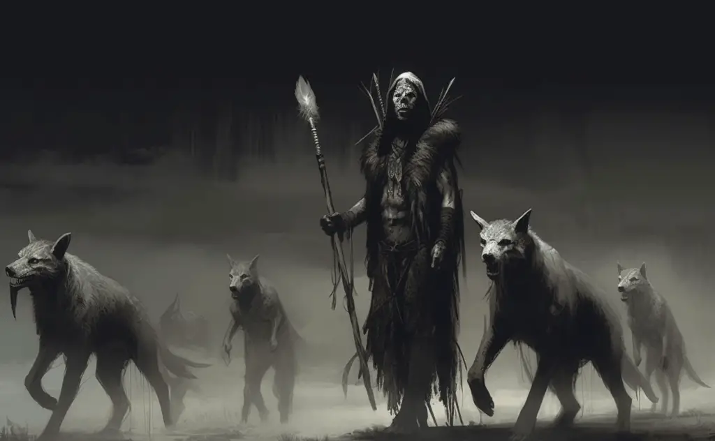 skinwalker surrounded by wolves