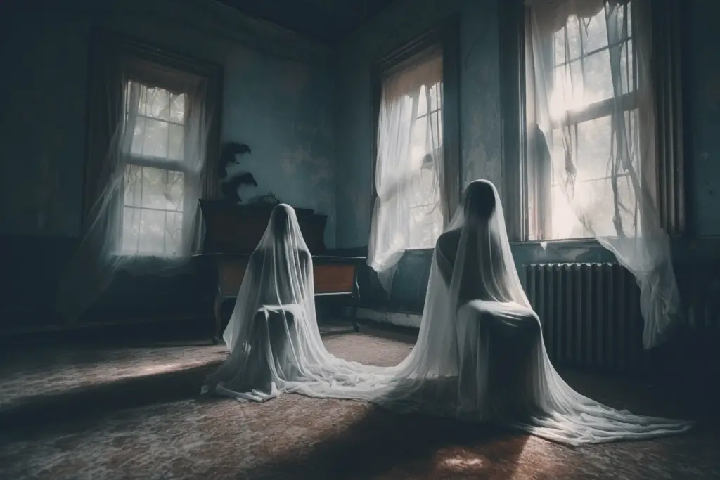 creepy ghosts in sheets on chairs